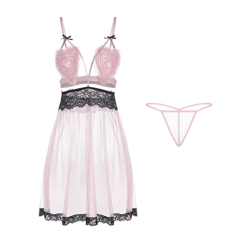 Women's Plus Size Sheer Mesh Backless Sleep Dress Costume Lingerie Set
