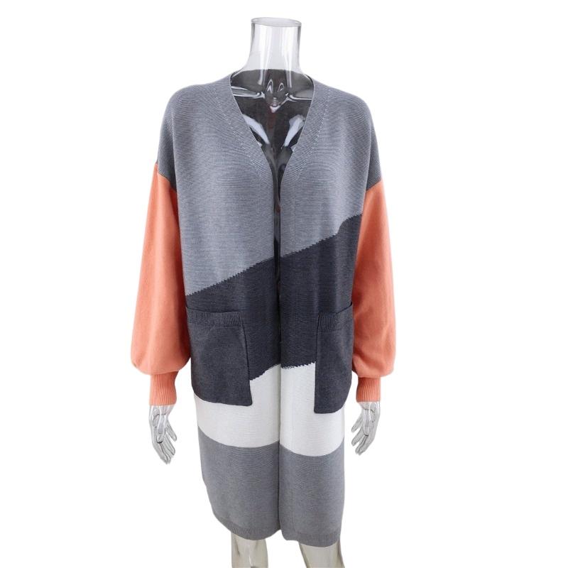 IHUASU Women's Autumn and Winter Models Commuter Large Size Splicing Striped Knitted Cardigan Long Loose Jumper