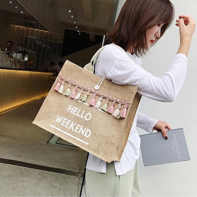 Yogodlns Women's Linen Handbag Large Capacity Tassel Ladies Travel Beach Shopping Casual Shoulder Bag