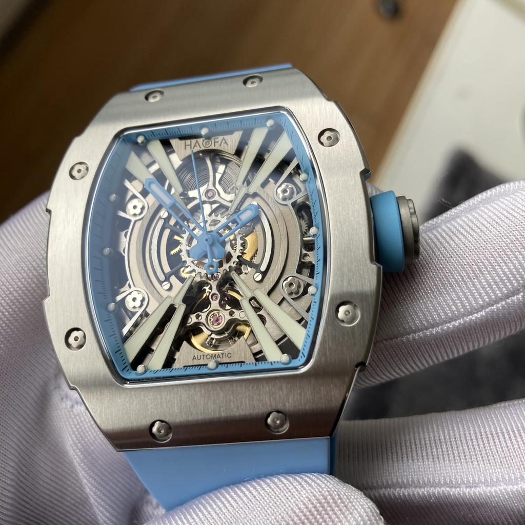 Haofa Automatic Skeleton Watch with 316L Stainless Steel Barrel and Tonneau Perfect for and Men's Case, Shape, Baseball, Business, Fashion.