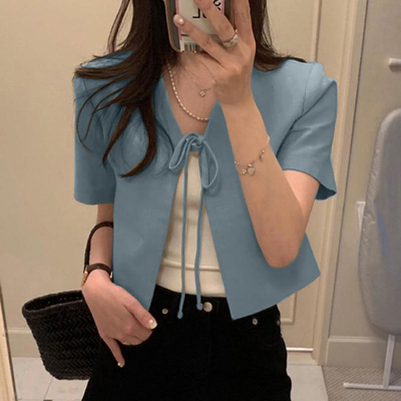 ZANZEA Женская повседневная блузка-кардиган с V-образным вырезом и коротким рукавом на шнуровке