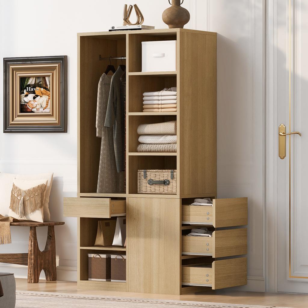 Wardrobe 70 × 50 × 170 cm, with multiple drawers, multi-tier shelves, generous storage space, large clothes rail, wardrobe for one person, wood color