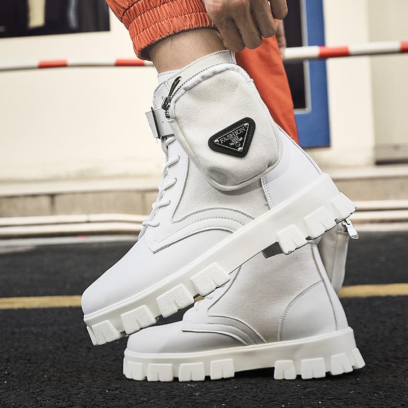 Мужские белые ботинки в стиле панк, кожаные, с карманами, на платформе, удобные, со шнуровкой, черные, ботильоны Botines Hombre
