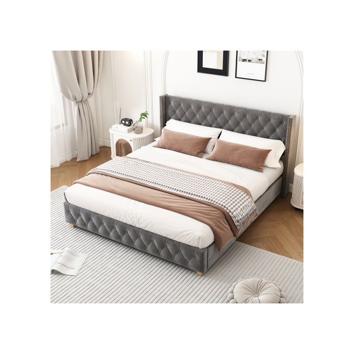 Lit capitonné - MUVOE - 160x200 cm - Tête de lit avec boutons - Velours gris - 2 places