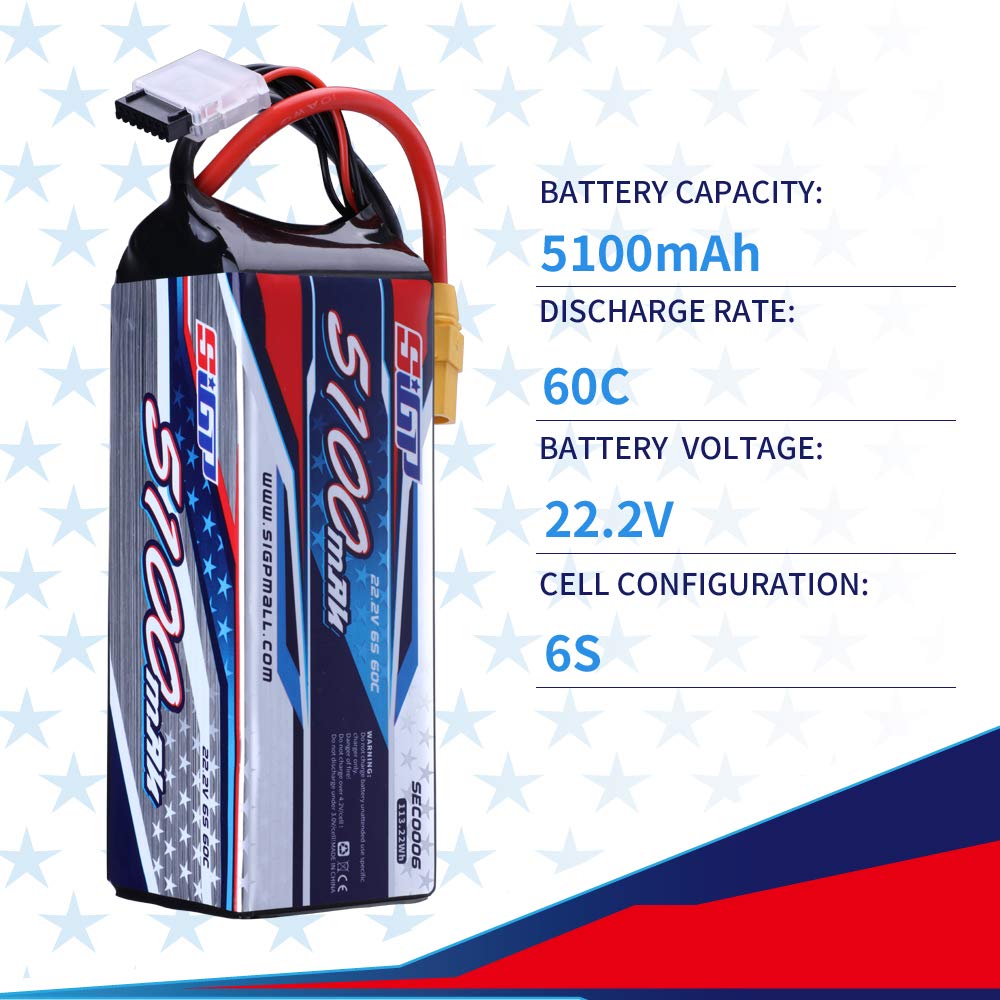 SIGP 6S 22.2V LiPo 5100mAh 60C с разъемом XT90 для радиоуправляемых самолетов, квадрокоптеров, дронов, FPV, вертолетных гонок, хобби