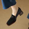 Fashion 2025 New Retro Style Women Pumps Thick Heels Side Splicing Genuine Leather Spring Summer Office Lady Working Shoes Woman