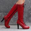Fashion Women's Round Toe Knee High Boots Leather Lace Hollow Out Punk Lace-Up Steampunk High Heel Shoes Plus Size 34-50 White Red Black