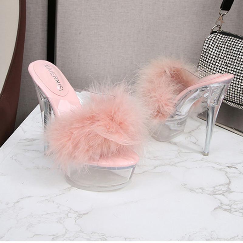 Женские туфли на шпильке, прозрачные пушистые пикантные модные сандалии на каблуке 14 см и платформе 4 см WZ