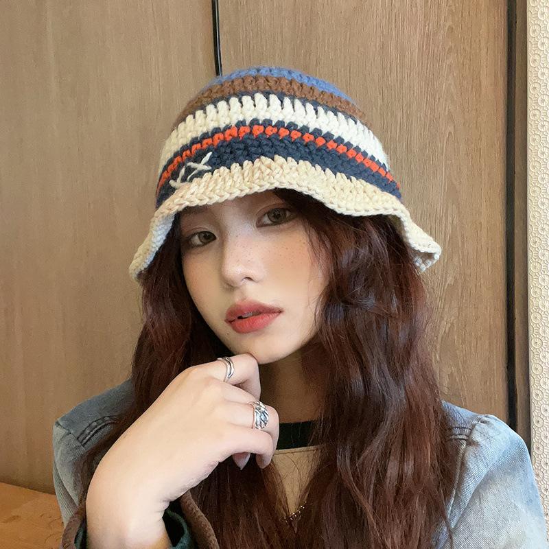 European and American wind wool contrasting colors striped bucket hat men and women autumn and winter face small versatile knitted hat warm hat big he