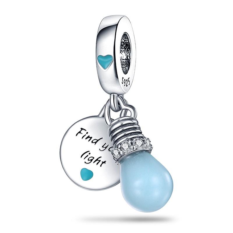 925 Silver Glow in the Dark Light Blue Bulb Charm Bead DIY Jewelry Fit Bangle Bracelet Necklace Dangle