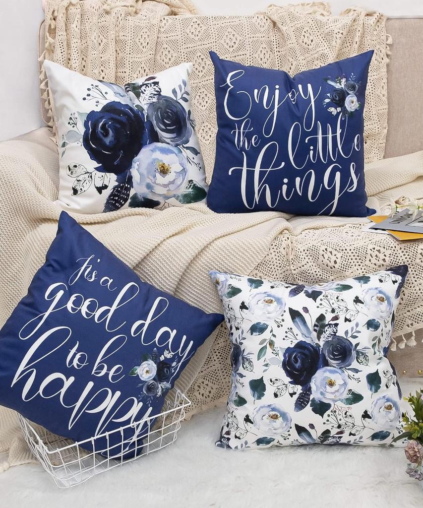 Navy Blue Throw Pillow Covers Floral Roses Flower White Grey Pillows Decorative Throw Spring Velvet Cushion Case Set Of 4 For