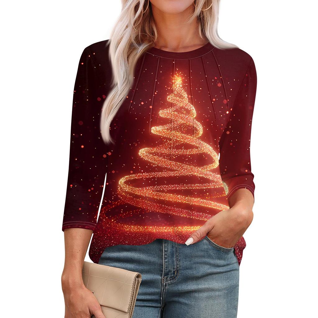 Женская модная футболка с круглым вырезом и рукавом 3/4 с рождественскими принтами, повседневная базовая плиссированная футболка-пуловер