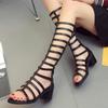 Gladiator Sandals Women Summer Square Heel Knee High Boots Open Toe Back Zip Woman Black Shoes