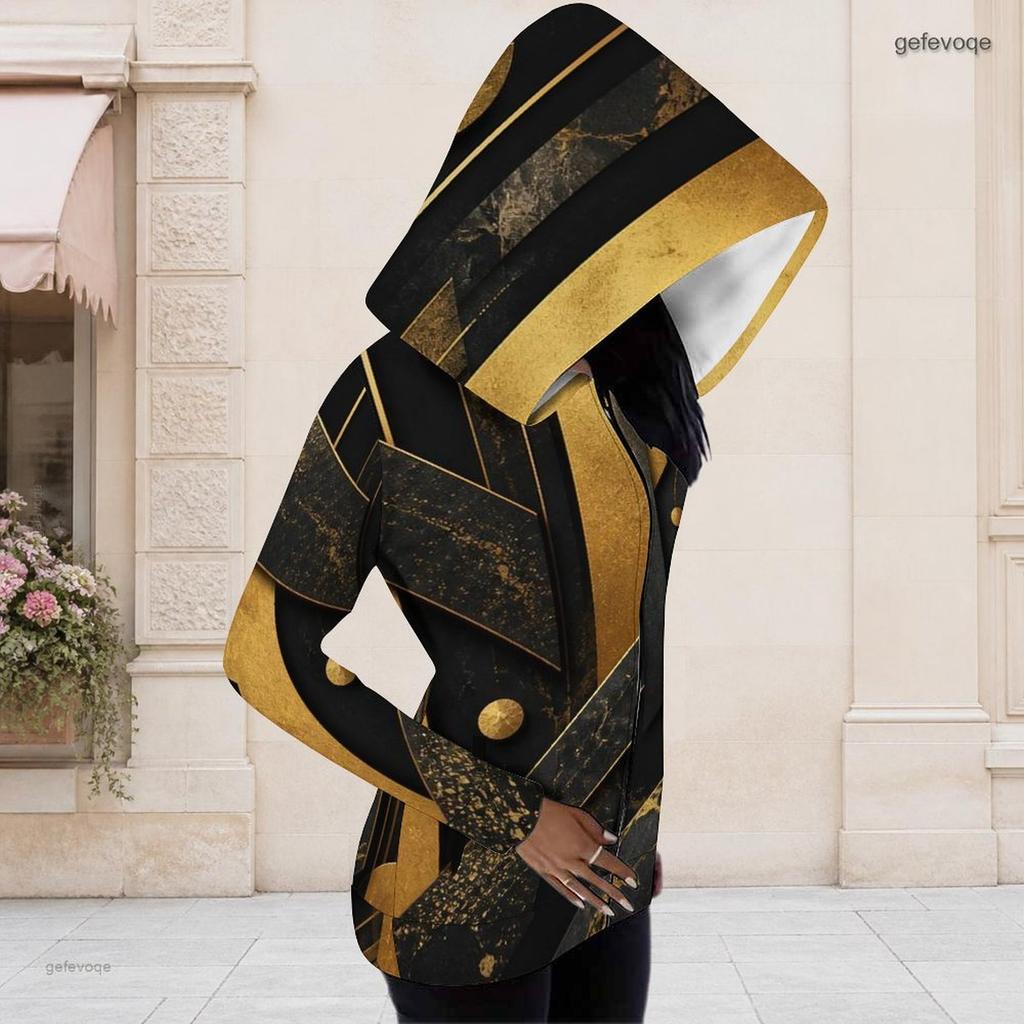 Women Plus Size Cold Shoulder Asymmetric Cutout Long Sleeve Hooded Shirt Black Gold Silver Printed