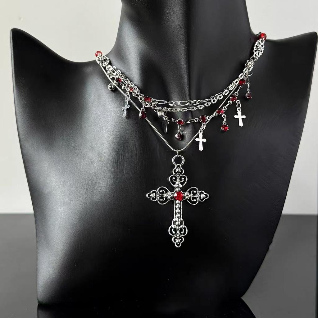 Gothic‑Style Women Multi‑Layer Stacked Collarbone Chain, Niche‑Vintage Accessories With Cross Pendant And Tassel Design Details