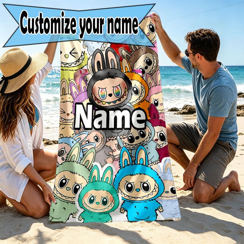 Custom Name Personalized Labubu Print Beach Towel, for Trip Camping Beach Party Home Decor, Birthday Gift for Family & Friends