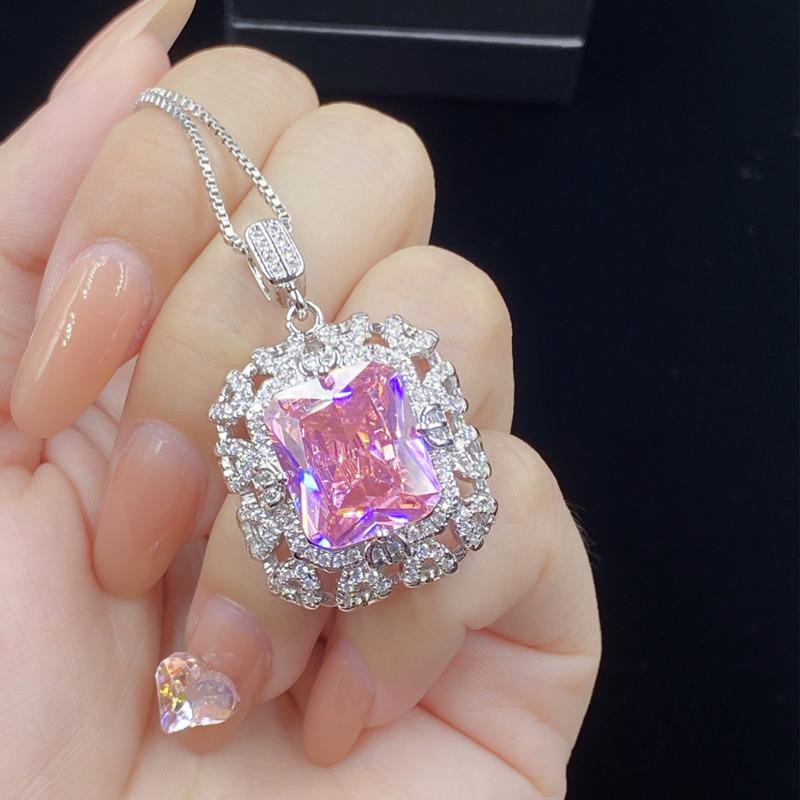 BELLA BOX High-grade Pink Zircon Hollow Bottom Square Pendant Women Open Ring Earrings Set