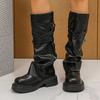Осень Зима 2025 Плиссированные Рыцарские Сапоги Декор Пряжками Экокожа До середины икры Женские Ботильоны На Толстой Платформе Ковбойские Сапоги