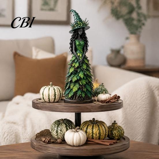 Autumn Home Decor Witch Figurine Statue, Resin Halloween Fall Tabletop Decor, Seasonal Mantle Display Shelf Ornament for Mantel Fireplace Desk Tiered