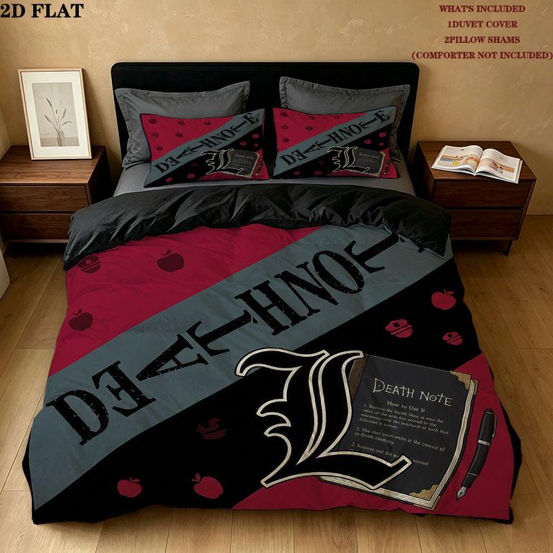 Death Note Pattern Bedding Quilt Set Quilt Cover Pillowcase Home Birthday Gift(1 * duvet cover + 2 * pillowcase, without core)