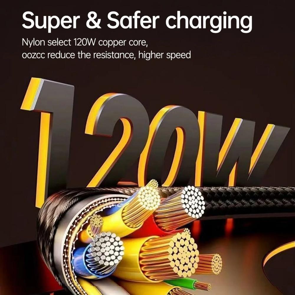 120W 6A Type C Fast Charging Cable USBA to Type C Nylon Data Cord for iPhone Xiaomi Samsung With Led Display USB C Charger Cable