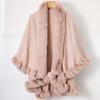 Women Double‑Layer Faux Fur Trim Poncho Shawl Winter Warm Open Front Cape Outerwear