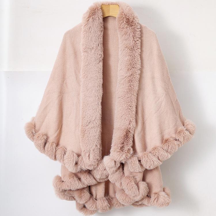 Women Double‑Layer Faux Fur Trim Poncho Shawl Winter Warm Open Front Cape Outerwear
