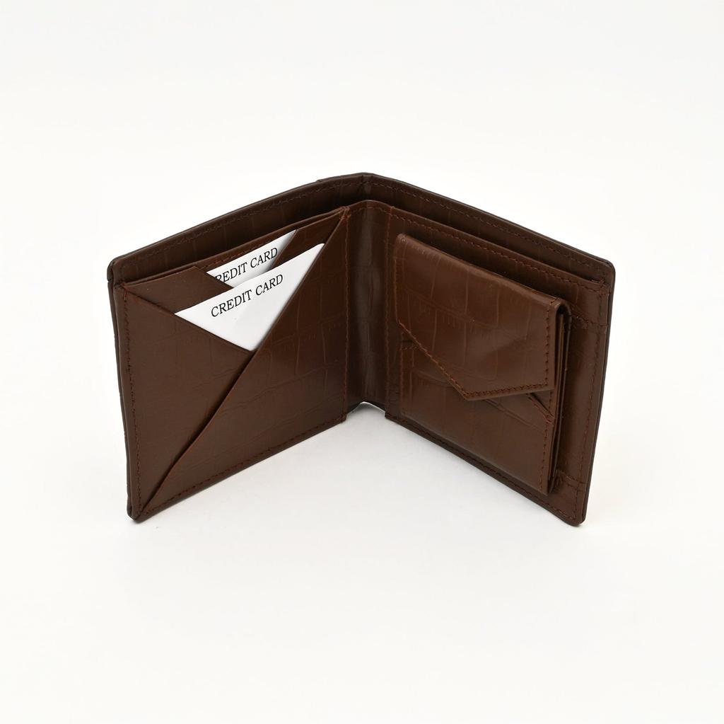 Leather Wallet 1B Brown -Croc-Look Nappa Leather Men's Wallet with Coin Pocket & 6 Card Slots