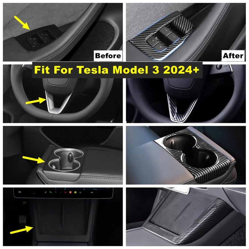 Window Glass Lift Button / Steering Wheel Bottom / Water Cup Holder Cover Trim For Tesla Model 3 2024 2025 Interior Accessories