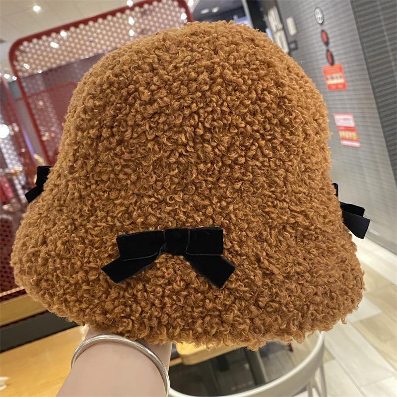 Bow plush fisherman hat children autumn and winter travel warm face bucket hat new