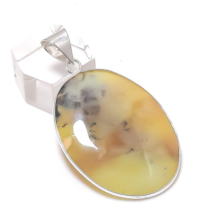 Honey Dendritic Gemstone Handmade 925 Sterling Silver Jewelry Pendant 2.01" P4e43