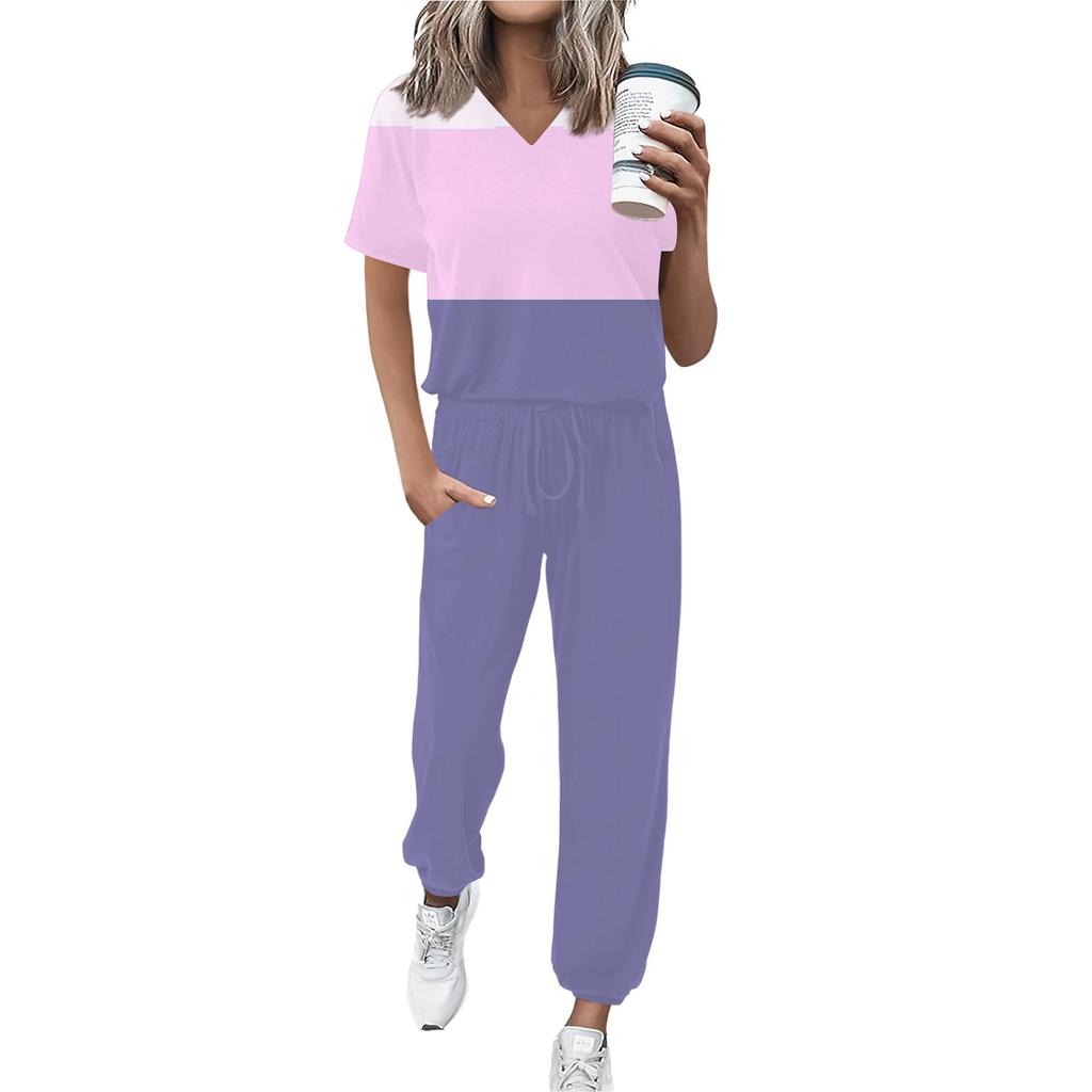 Женский спортивный костюм с V-образным вырезом и коротким рукавом, свободные брюки