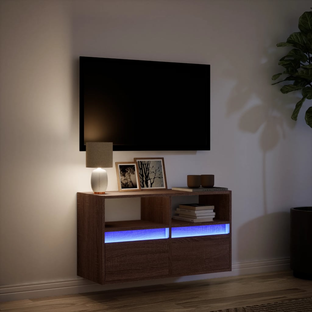 Wall Mounted TV Cabinet with LED Lighting Brown Oak Effect 80 x 31 x 45 cm