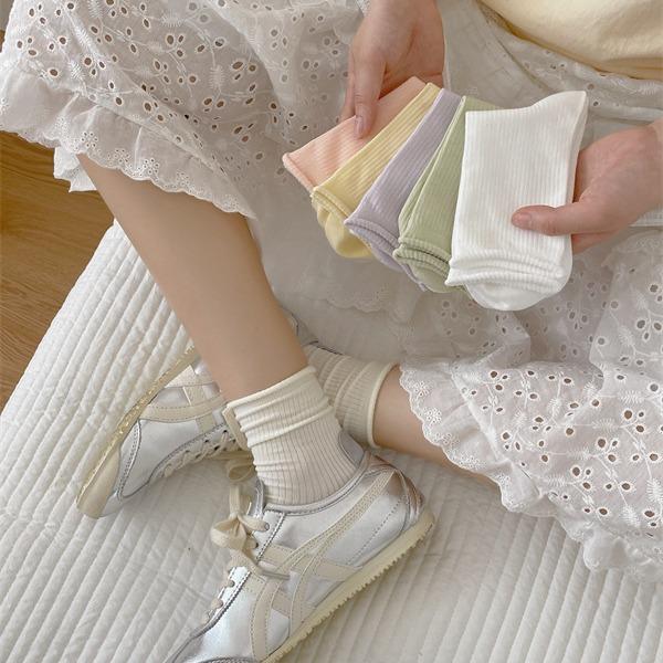 Anti-Pilling Boneless Solid Color Curled Edge Vertical Striped Confinement Socks Thin Breathable Cotton Loose Mouth Mid-Tube Stacked Socks