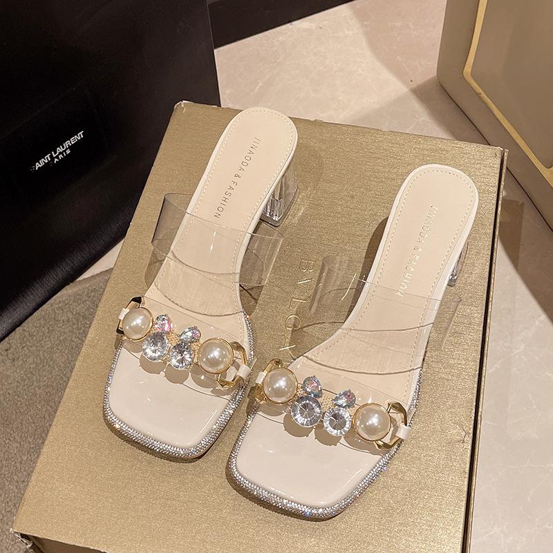 Французские босоножки со стразами и прозрачным каблуком, женские, лето 2025, новые, на толстом каблуке, модная верхняя одежда на высоком каблуке, классные женские тапочки