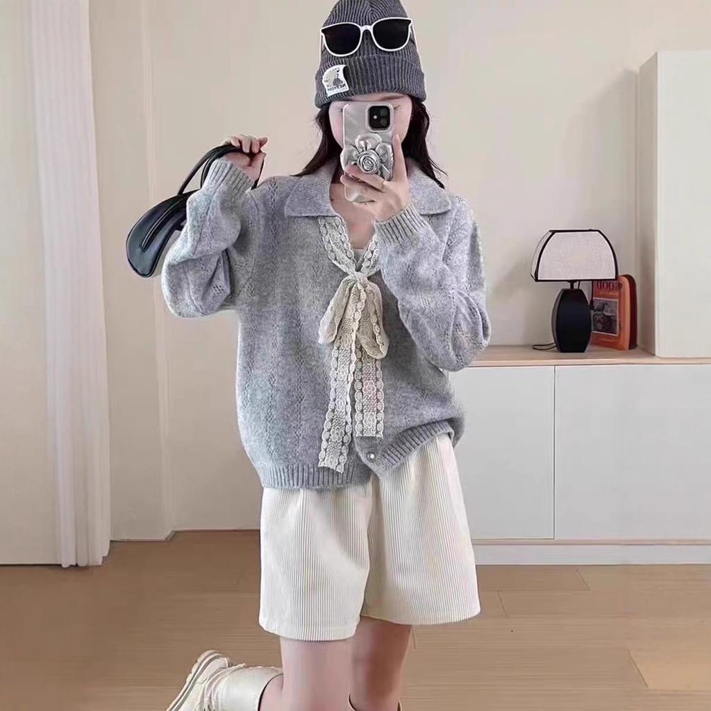 Кружевной кардиган с лацканами на шнуровке, вязаный топ, новый свободный ленивый свитер-жакет для женщин на осень и зиму