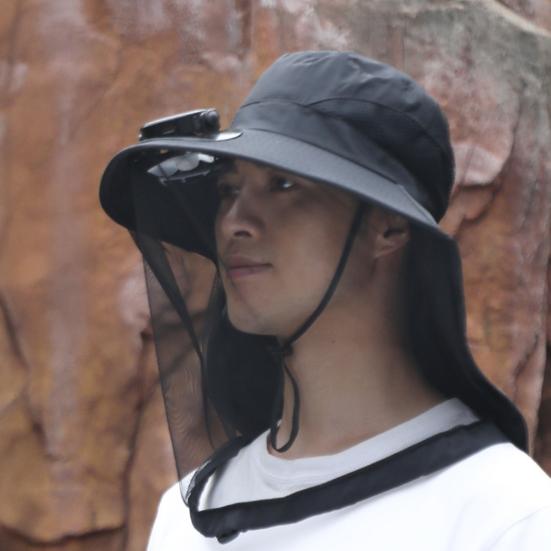 Mosquito Head Net Hat with Fan for Men Women Wide Brim Sun Hat with Mesh Net Summer Cooling Bucket Hat for Outdoor Fishing Hiking