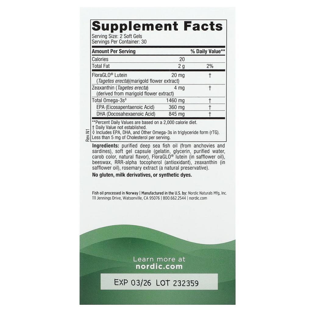 Nordic Naturals Vision Support, Omega Blend, 1,460 Mg, 60 Softgels (730 Mg Per Softgel)