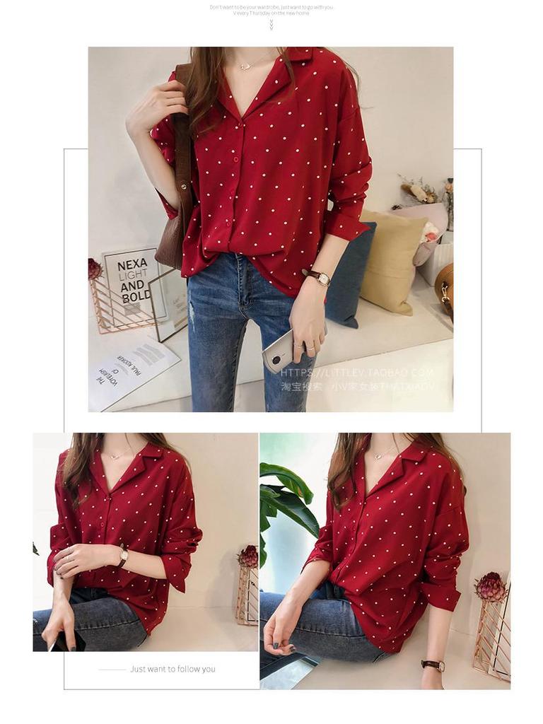 Women's Plus Size Polka Dot Chiffon Long-Sleeve Shirt - Hong Kong & Korean Style