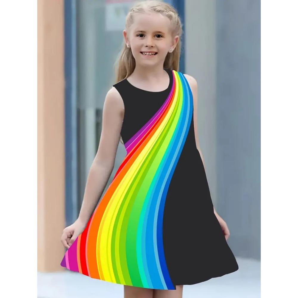 Fashion Girls Dresses Summer New Round Neck Vest Style 3D Printing Princess Skirt