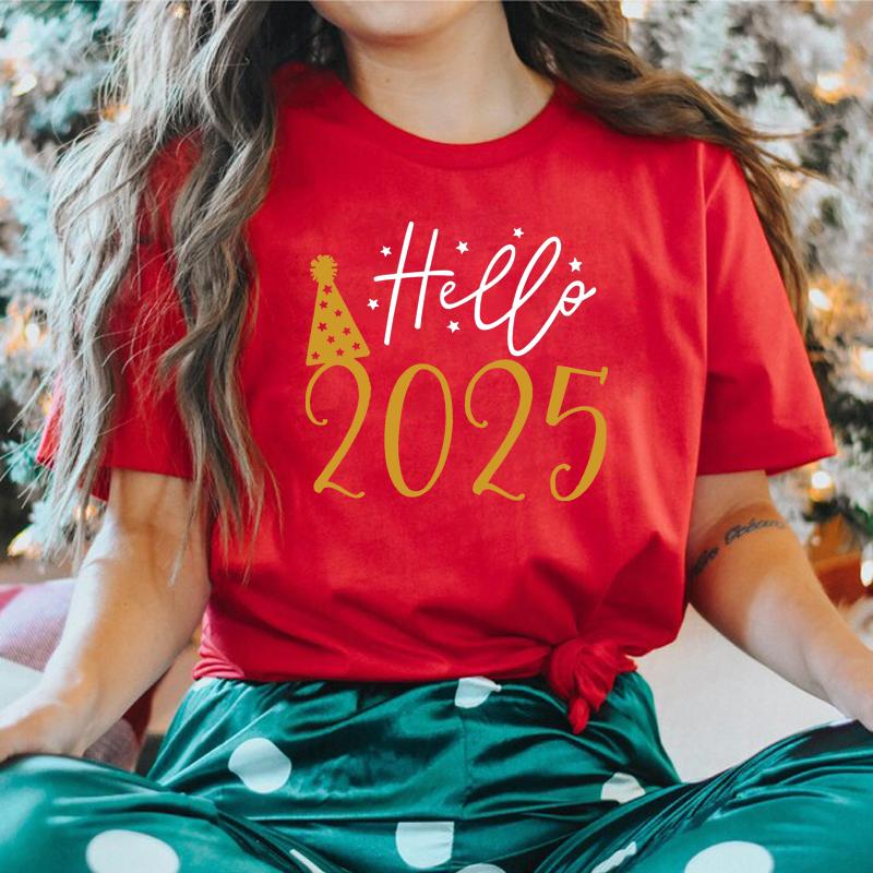 Футболки женские с принтом Hello 2025, модные, повседневные, с коротким рукавом и круглым вырезом, забавные, новогодние, женские топы, праздничные подарки на вечеринку, футболка