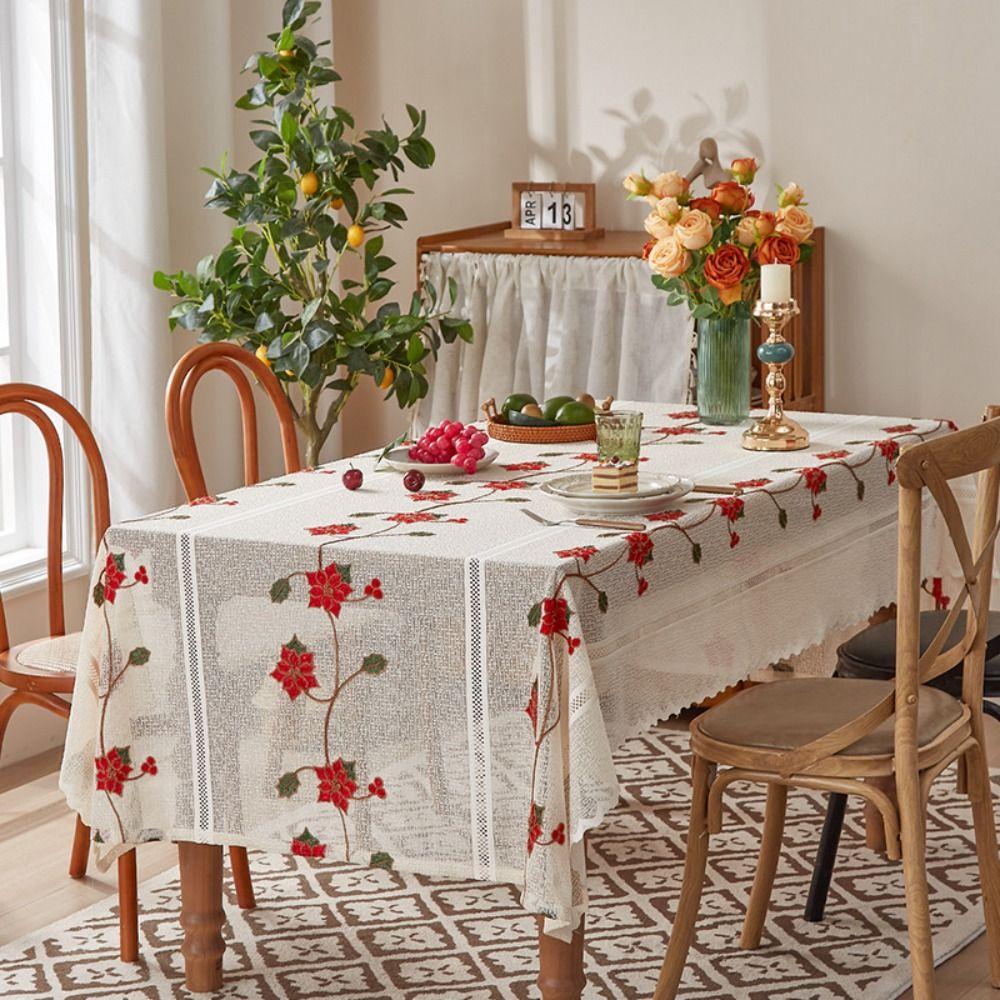 Flower Embroidery Table Cover Beige Table Runner Christmas Lace Tablecloth Table Decorations