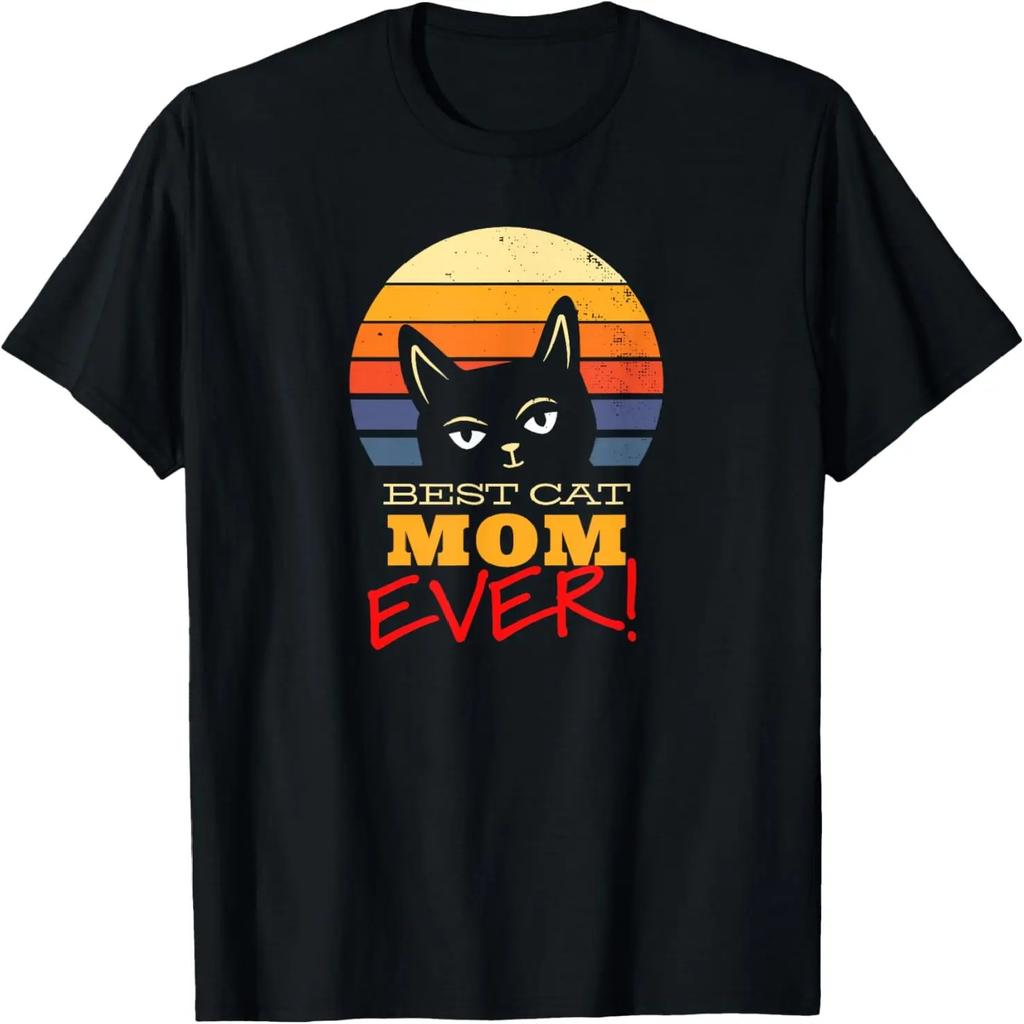 Best Cat Mom Ever _ Funny Black Cat Quote Retro Sunrise T-Shirt