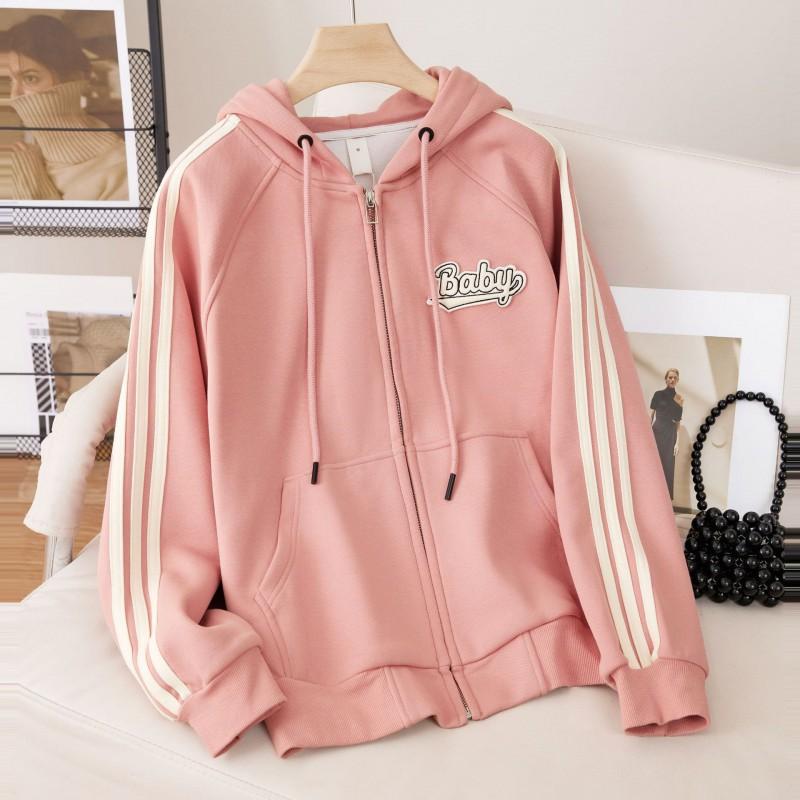 Womens Fleece-Lined Hooded Zip-Up Sweatshirt Oversized Casual Jacket Winter Korean Style