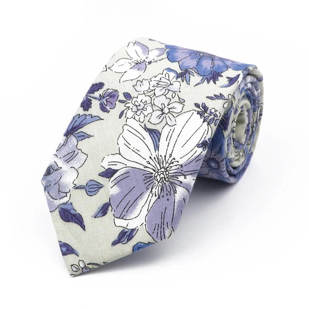 Floral Tie, For Men Women, 100% Cotton, Elegant Flower Necktie, White, Blue, Narrow Skinny, Wedding, Party