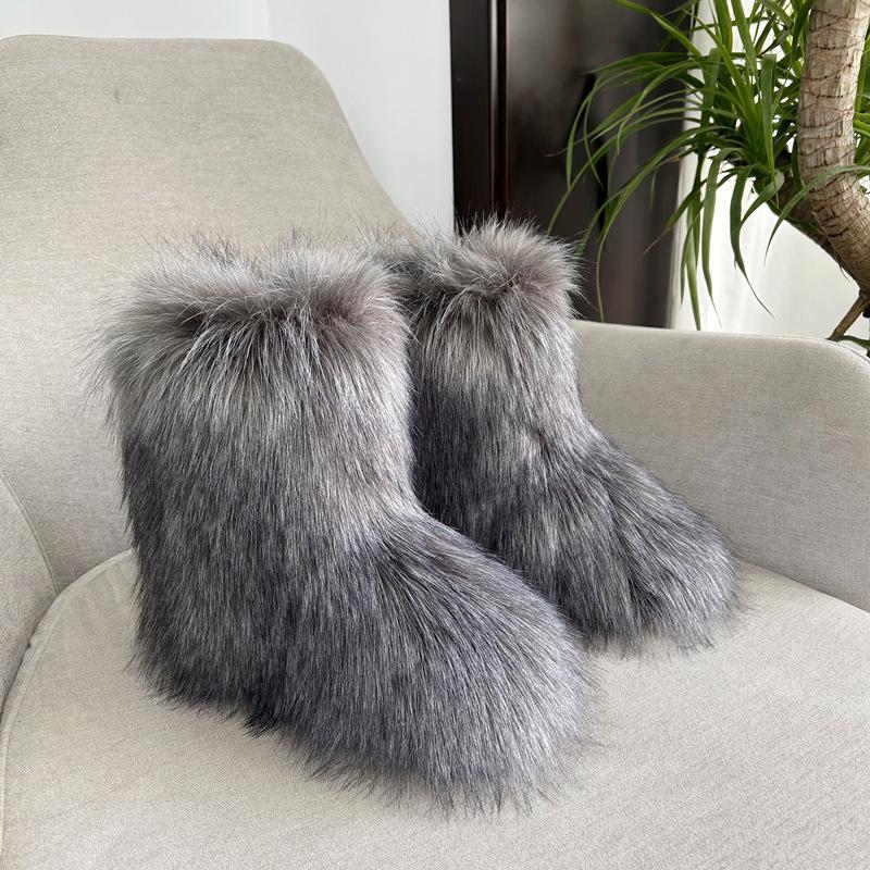 Imitation Raccoon Fur Plush Snow Boots Bag Head Warm Fluffy Fluffy Hot Girl