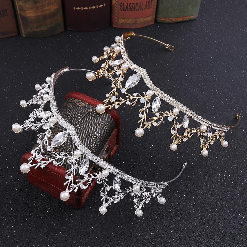 New Retro Rhinestone Bridal Headband Baroque Crown Pearl Inlaid Diamond Crown Tiara