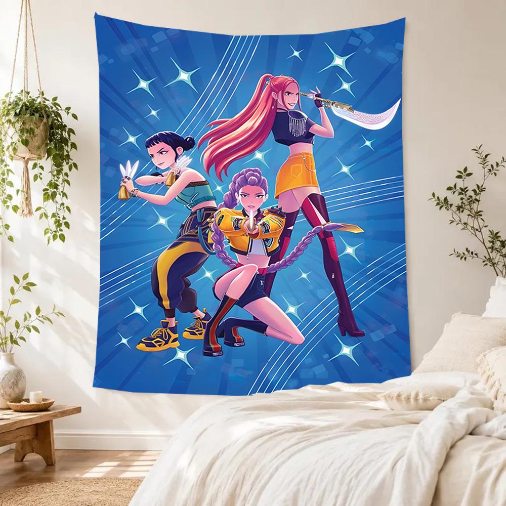 Colorful K-pop Demon Girl Vintage Tapestry Handmade Look Great for Reading Corner Studio Wall Balcony Four Seasons Vintage Wall Art
