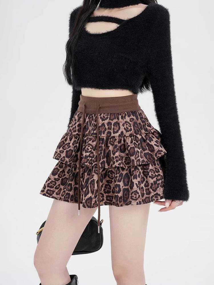 Женская леопардовая юбка Y2k Shoujo Girl Aesthetic 2000s Mini Ruffles Skirt Gyaru Coquette с эластичной талией Cyber Punk Cake Skirt