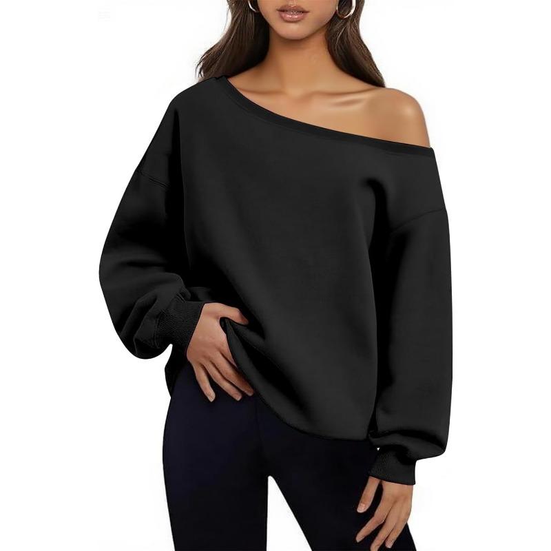 Women S Off Shoulder Long Sleeve Loose Fit Solid Color Casual Top
